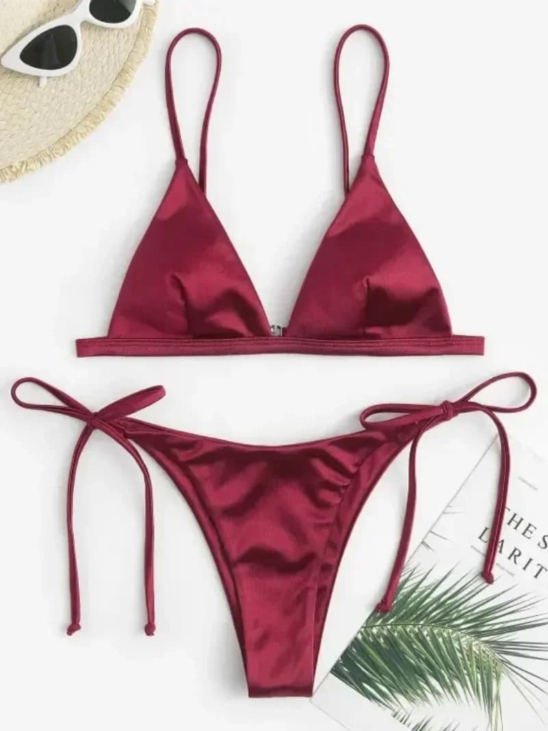 Set micro mini bikini sexy in raso due pezzi costume da bagno donna cravatta costumi da bagno Biquini abiti da spiaggia Bakini Conjunto De Bikini