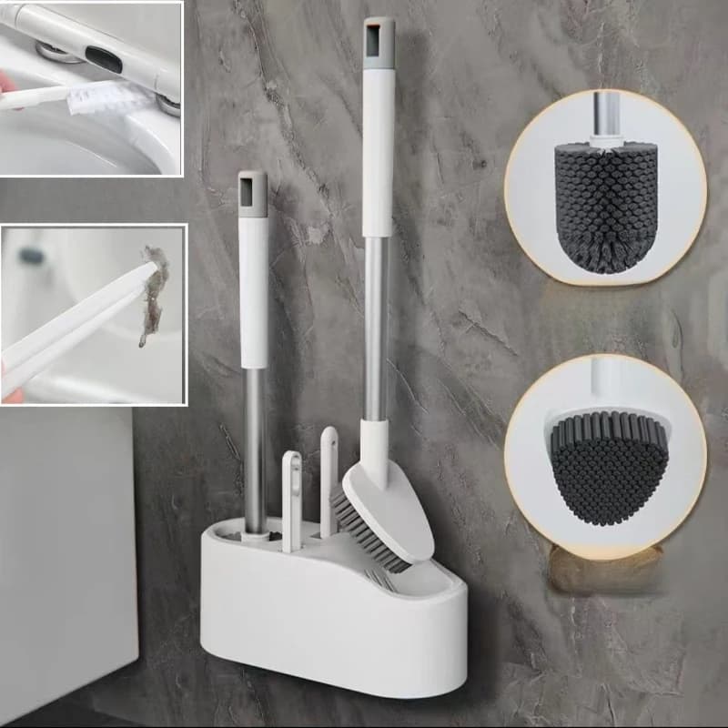 Spazzola per WC 4 in 1 da Parete con Manico Lungo, Pulizia Rapida, Setole Morbide, Pulitore per Fessure del Bagno, Accessori per il Bagno