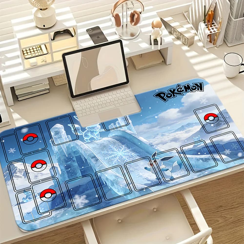 Glaceon Ice Pokemon TCG Playmat, Large Extended Gaming Mouse Pad with Card Zones, Non-Slip Desk Mat for Trading Card Game
