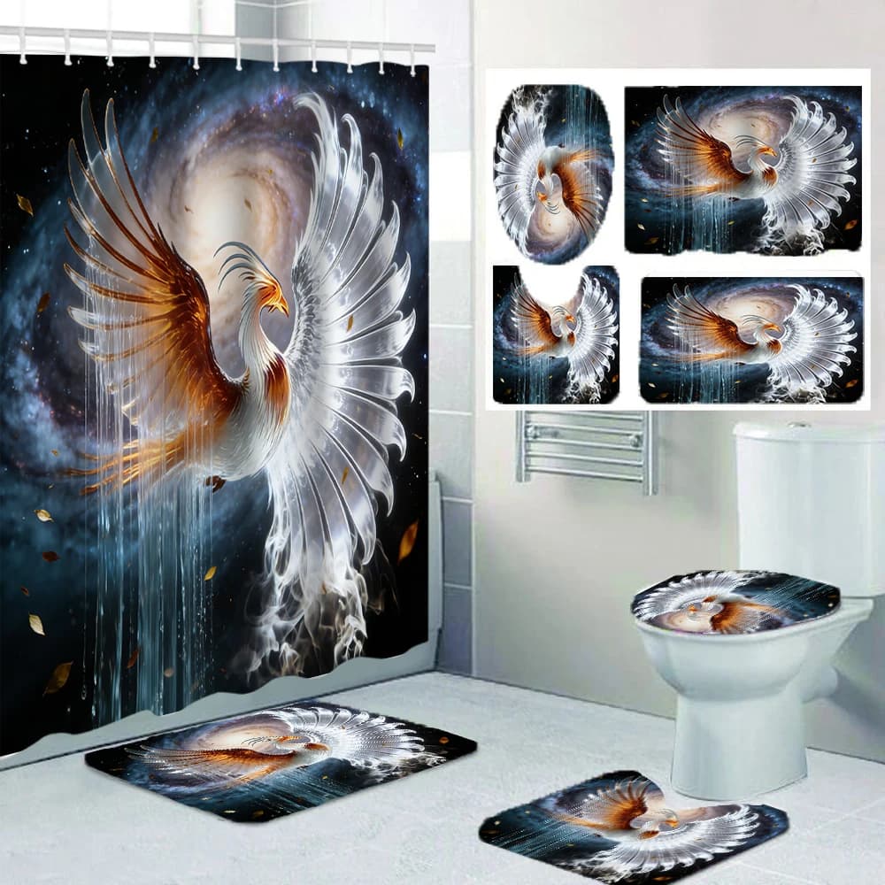 Set di tende da doccia 4/1 Dreamy Phoenix, decorazione per sedile del WC, tenda da doccia con tappeto e coperchio del WC, dimensioni 70,8x70,8 pollici
