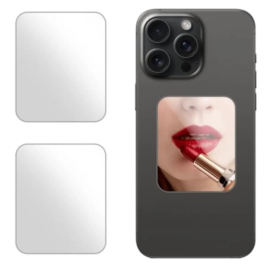Specchio adesivo a forma speciale per cover smartphone, specchietto da trucco adesivo in confezione da 2, design con adesivo resistente e trasparente.
