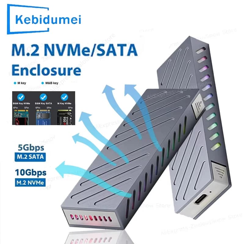 Case SSD KEBIDUMEI M2, Enclosure Esterno USB 3.1 Type-C 10Gbps per SSD M.2 NVMe SATA, Adattatore in Alluminio Compatibile con M e B&M Key