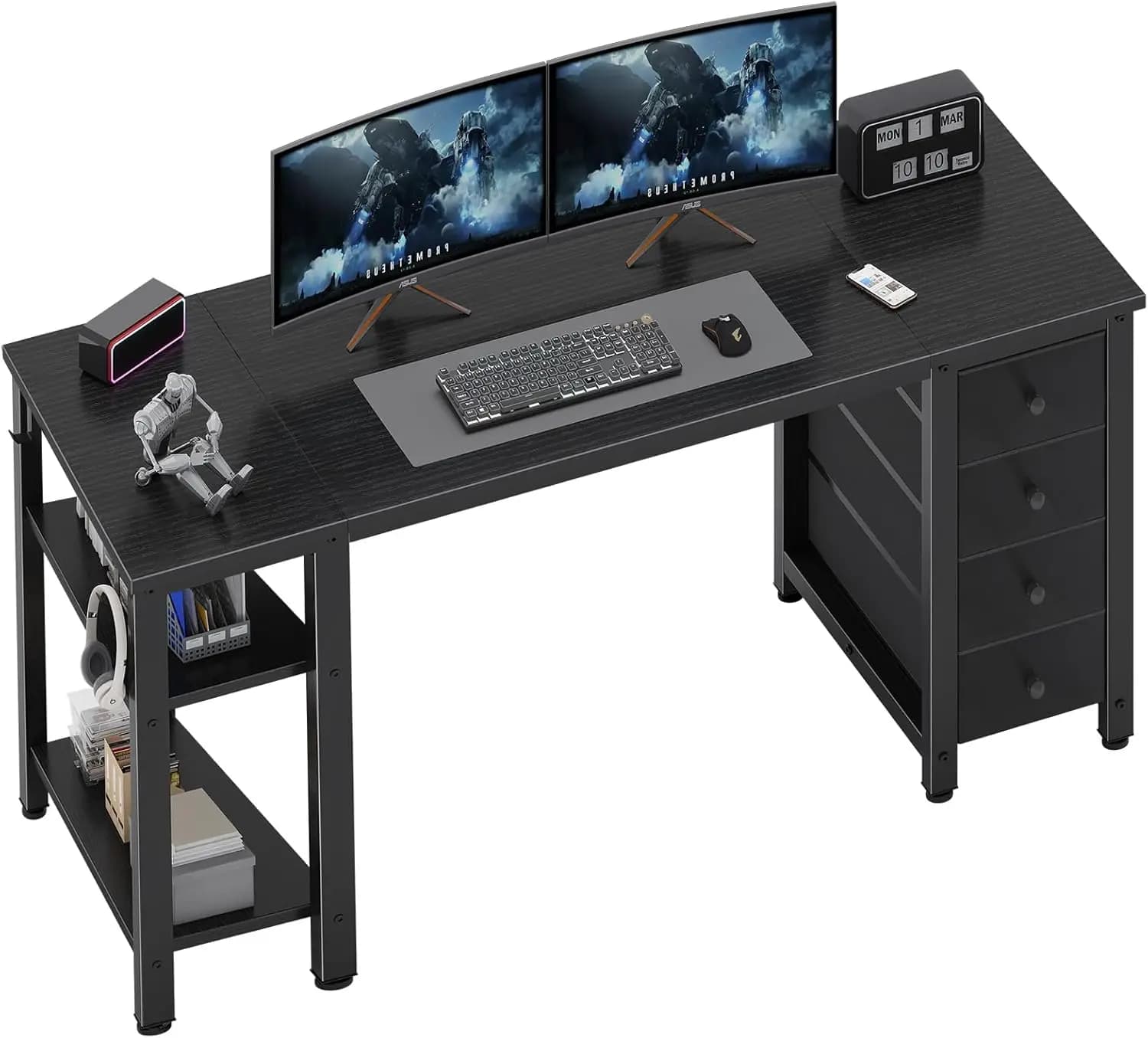 Scrivania da Gaming da 55 Pollici con 4 Cassetti in Tessuto e Ripiani Portaoggetti, Tavolo Moderno per Ufficio Domestico e Studio in Nero
