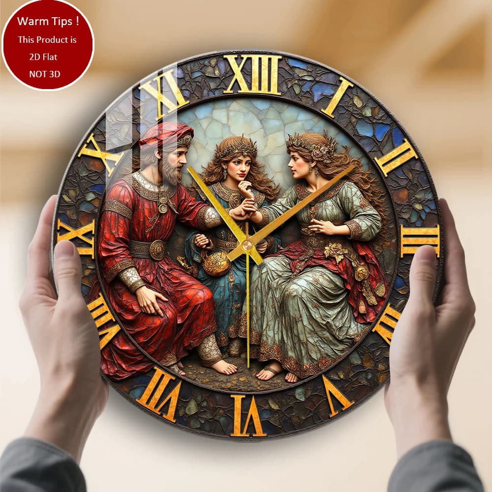 Tempered glass wall clock for three people in ancient costumes, suitable for wall decorations or table displays everywhere