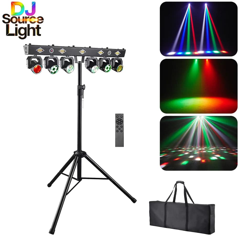 DJSOURCE Effetto Luce da Palco 6-in-1: Strobo, Laser, Wash, Bee Eye, Anello RGB per Feste, Bar, KTV, DJ, Discoteca, Illuminazione Scenica con Supporto