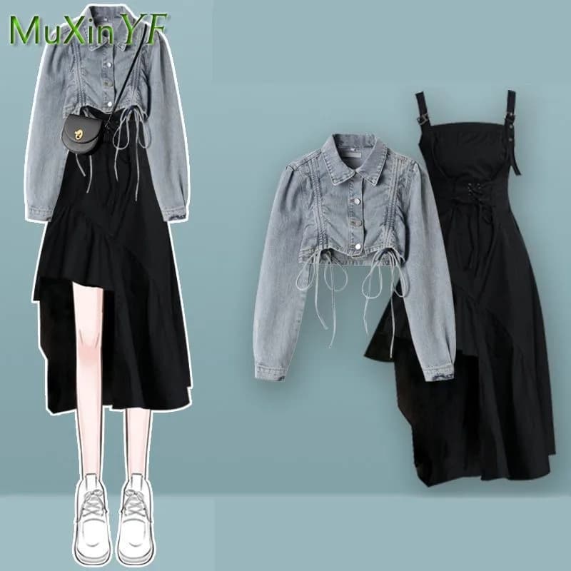 Women's 2026 Spring Autumn New Dress Matching Set Korean Elegant Vintage Short Denim Jacket+irregular Strap Skirt Two-piece Suit