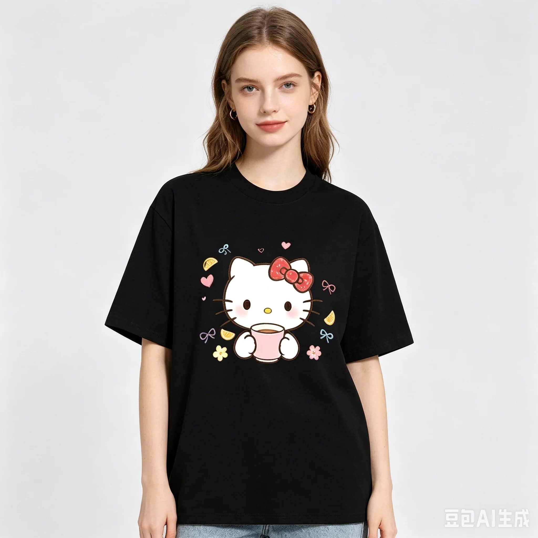 Nuova T-shirt Oversize in Cotone con Stampa Hello Kitty Donut 2026 per Adulti e Bambini, Maglietta Estiva Casual Carina a Maniche Corte