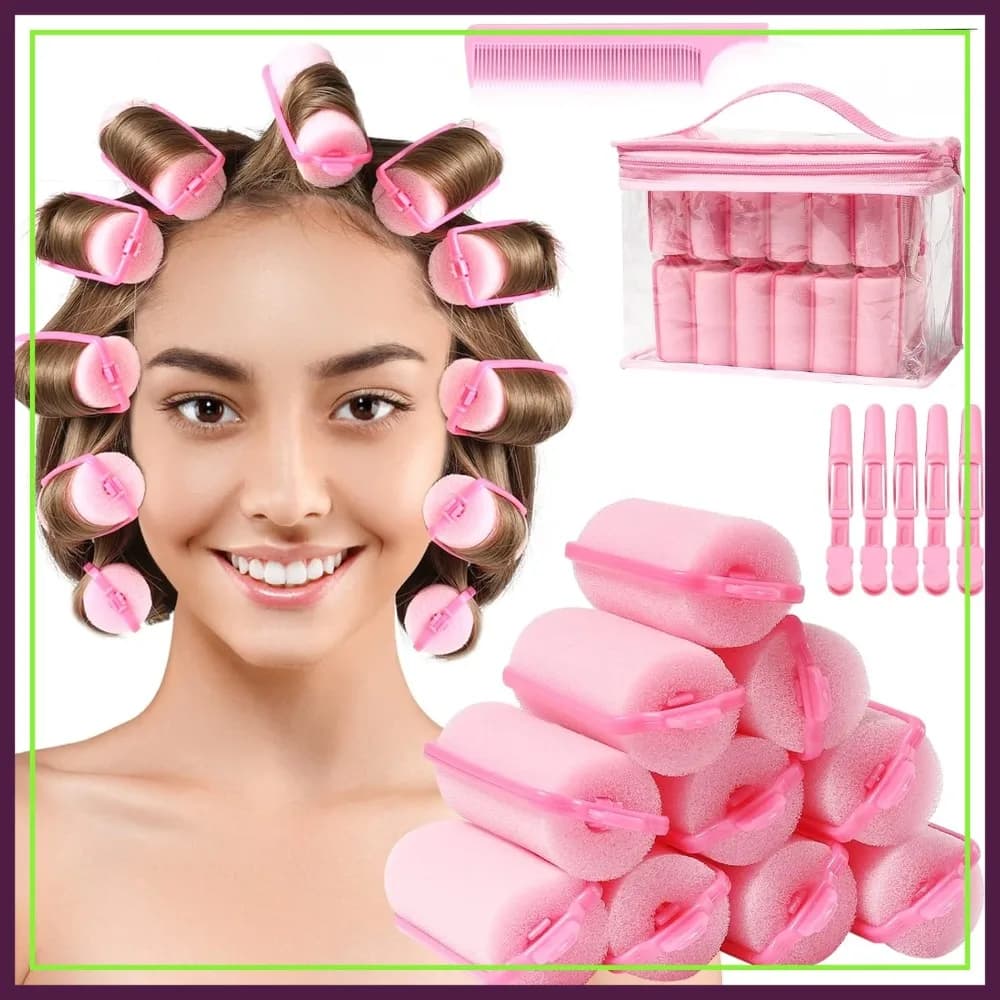 Bigodini in spugna per dormire - Bigodini flessibili con pettine e fermagli per acconciature (60 pezzi, rosa)