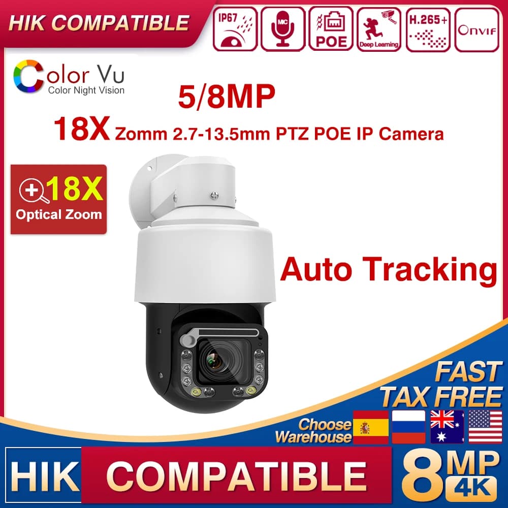 Hikvision Compatibile 4K 8MP POE PTZ 18X Zoom Ottico Telecamera IP66 Microfono Incorporato Auto Track Otturatore Esterno Video Sorveglianza