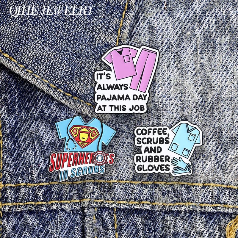 Superheroes In Scrubs Coffee Scrubs And Rubber Gloves Enamel Pin Nurse Medical Medical Clothing Gloves Equipment Brooch Jewelry