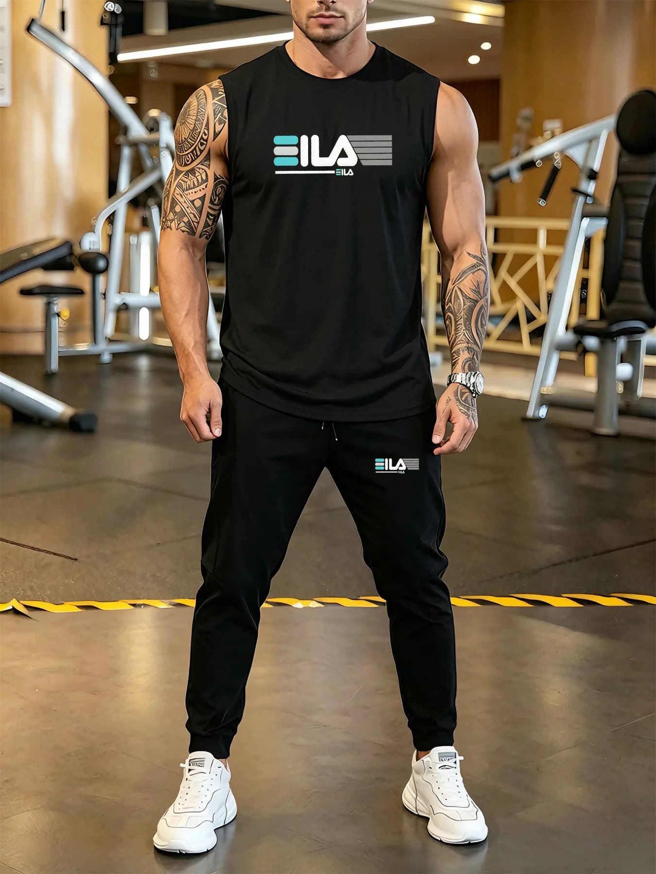 Nuovo set da uomo composto da t-shirt stampata traspirante alla moda e pantaloni con coulisse, adatto per l'abbigliamento casual da esterno.