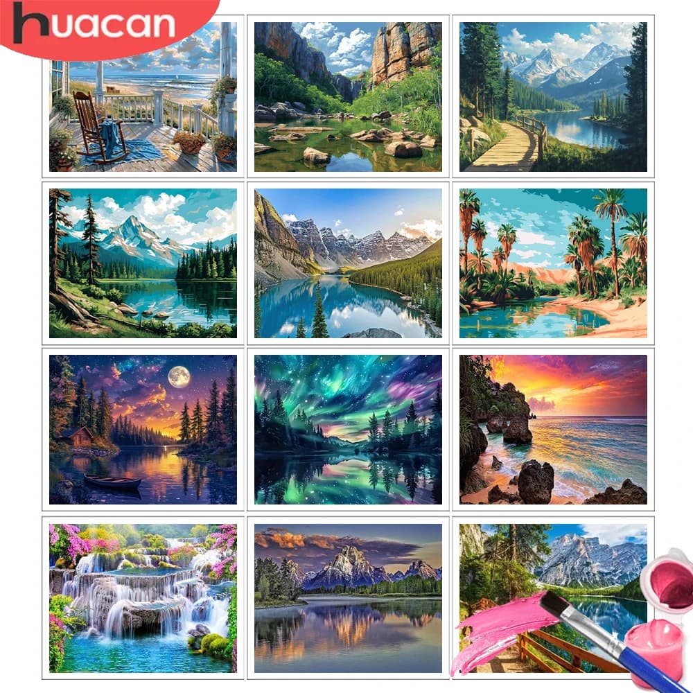 HUACAN Kit Pittura a Olio con Numeri Paesaggio Montano Regalo Unico Hobby Creativo Disegno con Numeri Lago Fiume Decorazione Casa