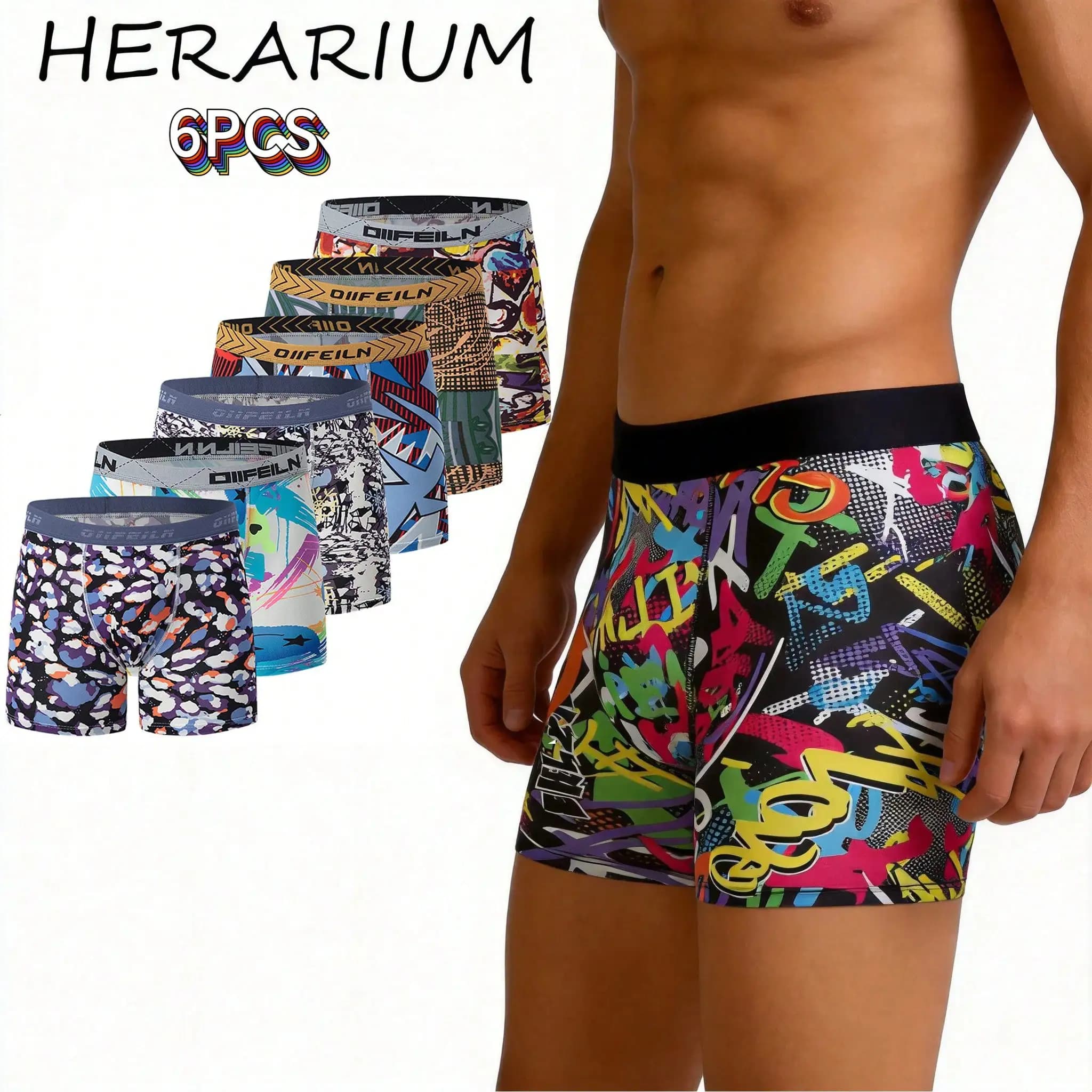 Confezione da 6 boxer da uomo con stampa, intimo elasticizzato e confortevole per palestra, spiaggia e tempo libero