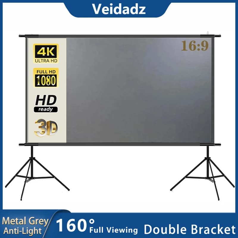Schermo del proiettore VEIDADZ con supporto 16:9 grigio Anti-luce 84 100 schermo portatile pieghevole a doppia staffa da 120 pollici per l'home Office