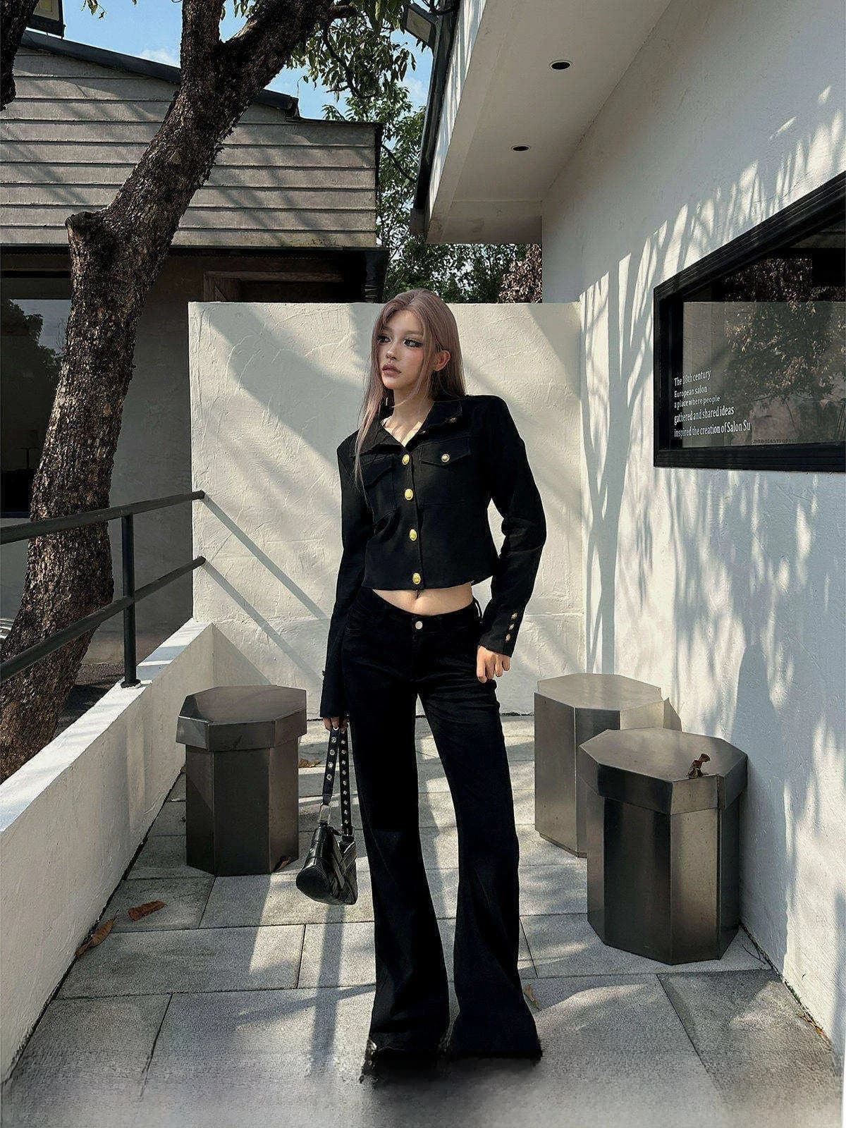 Low Waist Flared Jeans Women's Black Loose Wide Leg Pants Autumn New Style Commute Style Micro Stretch Denim Pants