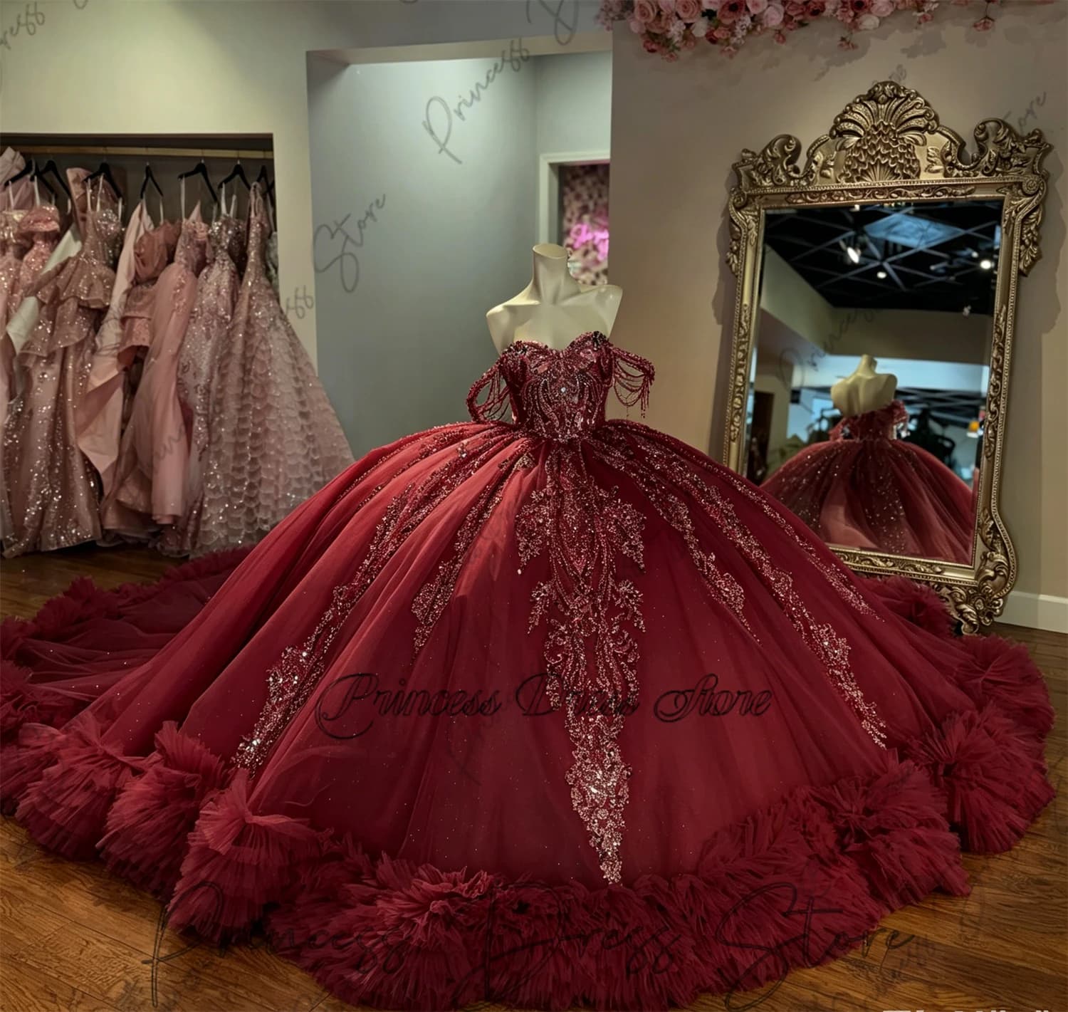 Shiny Elegant Quinceanera Dress Crystal Glitter Decal layering Flower Long tail Bow Vestidos De 15 Quinceanera Customized