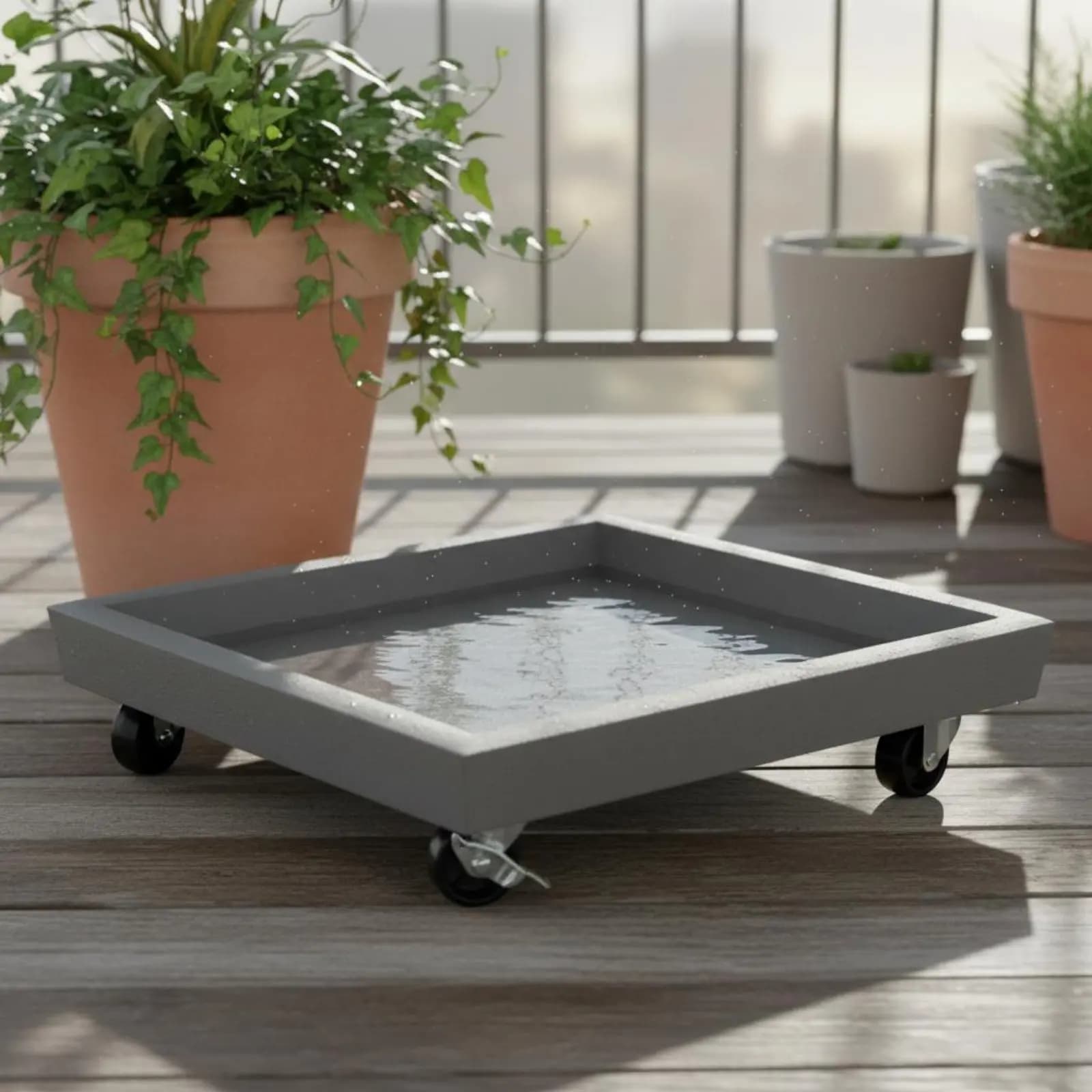 Square Planter Tray Faux Cement Finish Rolling Plant Carrier Plant Pot Tray with Wheels Waterproof Wheeled Planter Stand