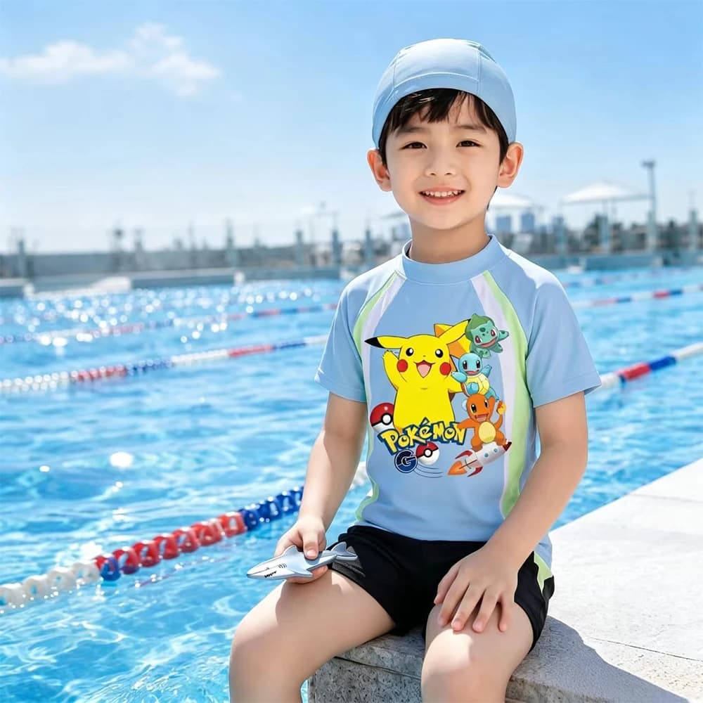 Pikachu 3In1 Swim Set with Swim Cap Boys Short Sleeve Split Swimsuit Cartoon Children Bathing Suit Summer Beach Pool Swimwear