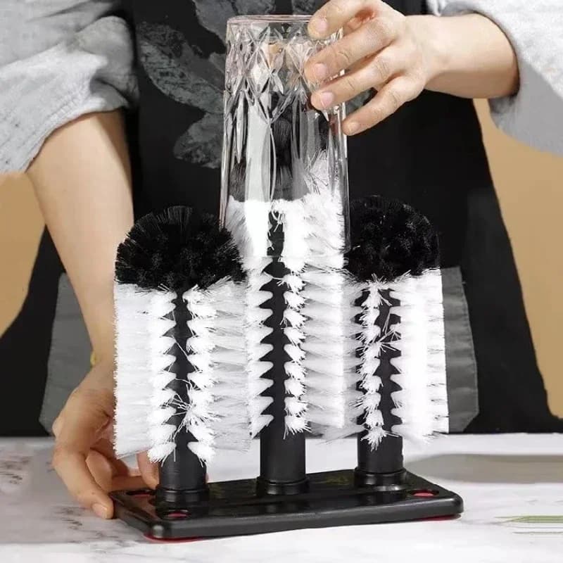 Set di 3 spazzole per la pulizia di bottiglie d'acqua, bicchieri e tazze con base a ventosa, spazzola a 3 teste con setole lunghe per tazze da birra.