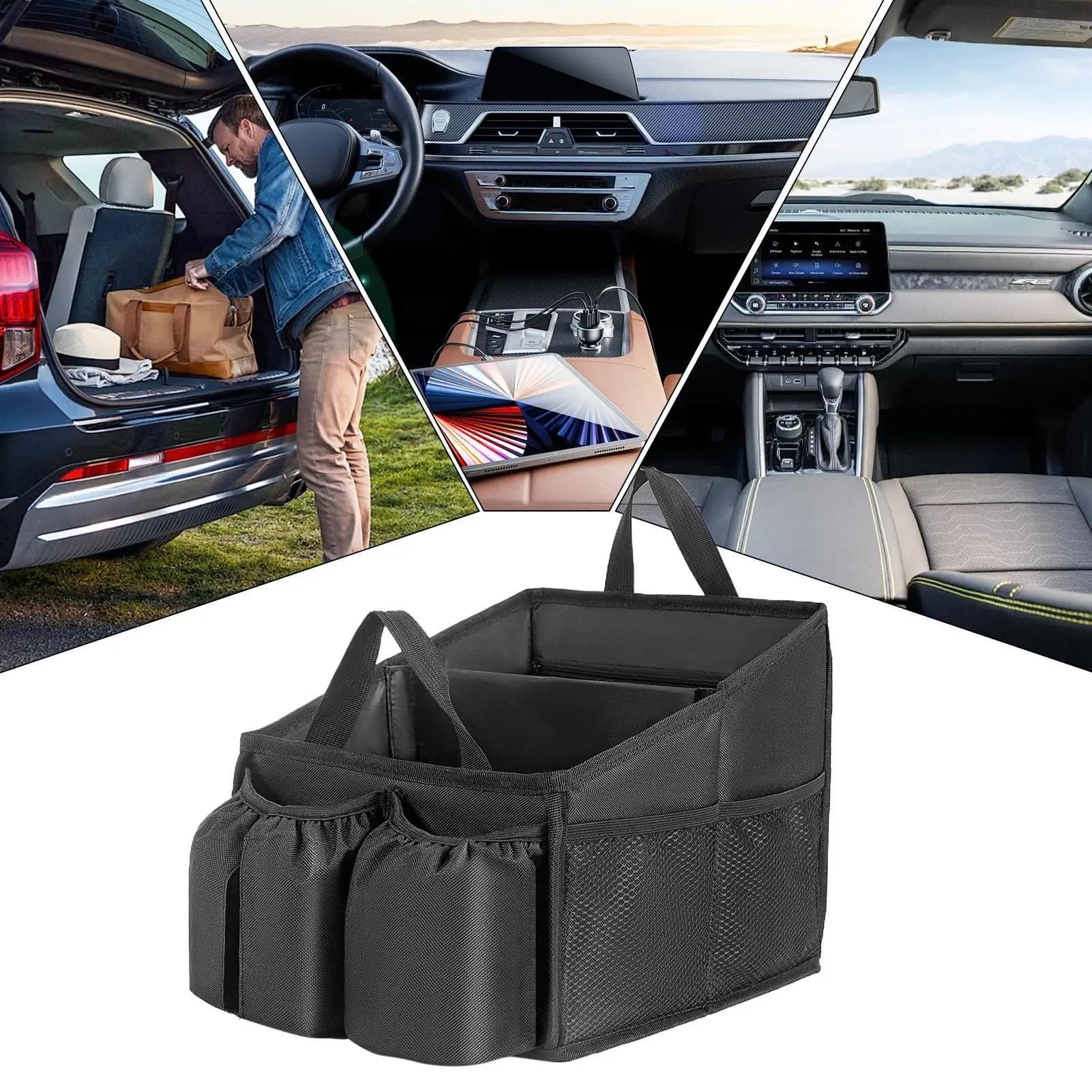 Organizzatore di stoccaggio per seggiolino auto Contenitore di stoccaggio per console pieghevole con manico Organizzatore interno per auto per giocattoli, fazzoletti, snack, bevande