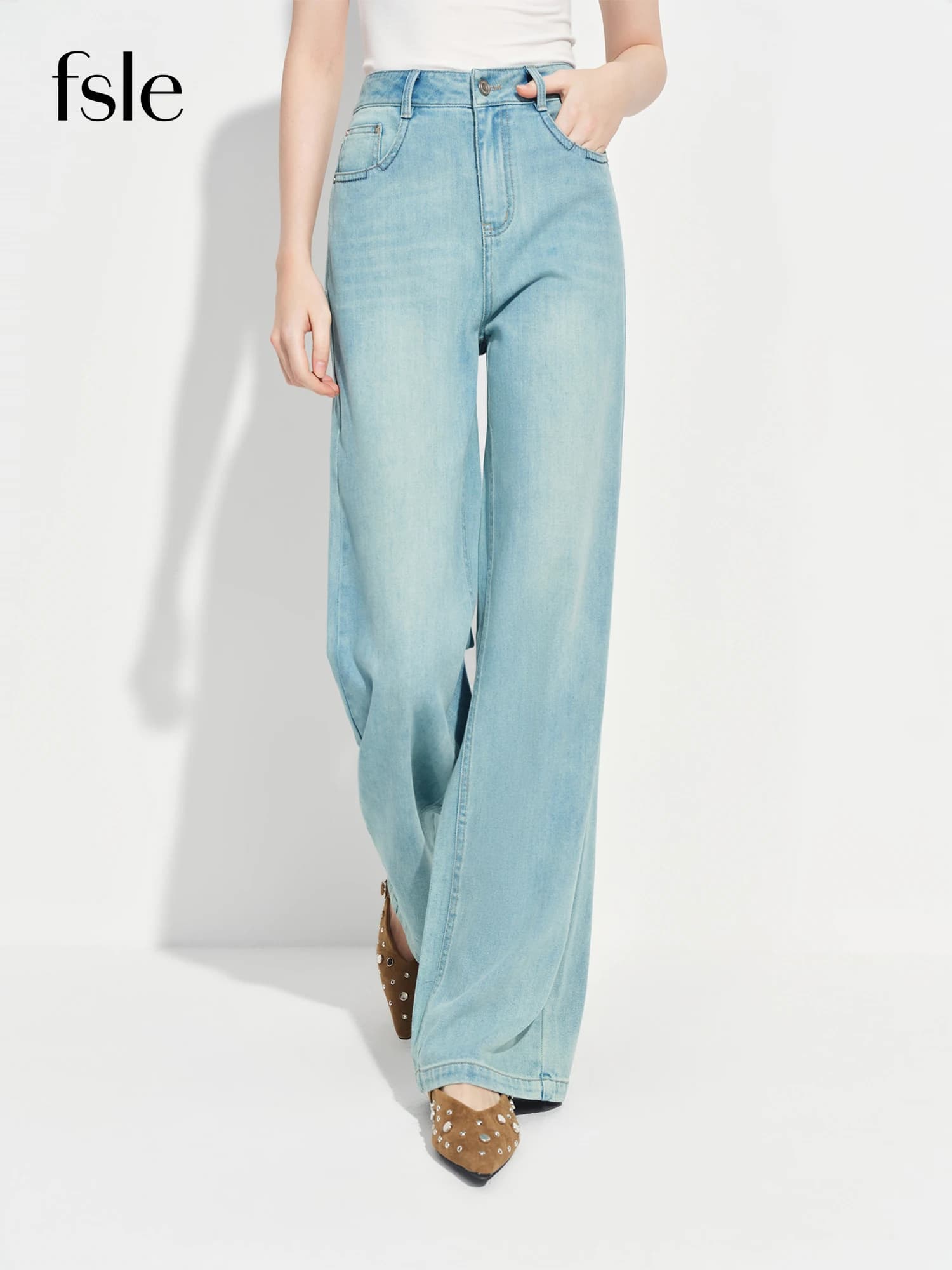 FSLE Commute Versatile Alla Moda Dimagrante Dritto Stretto Jeans a Gamba Larga per Le Donne Primavera 2026 Nuovo Arrivo Pantaloni a Vita Alta