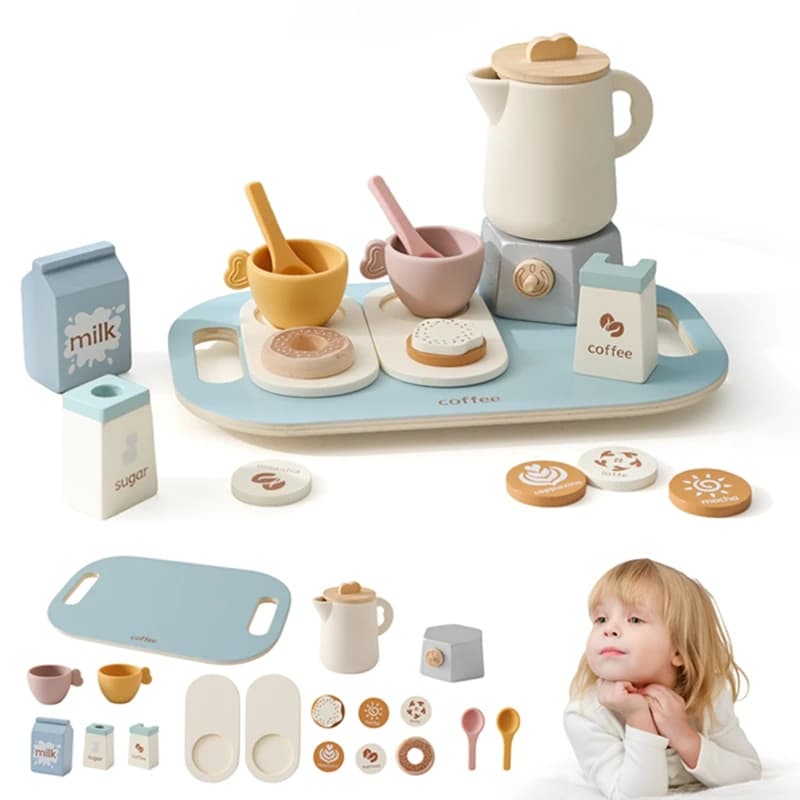 Giocattoli Montessori per bambini in legno Teiera da caffè Simulazione Utensile da cucina BPA Tazza da tè in silicone gratuito 1 anno Bambino Giochi di imitazione Giocattolo Regalo