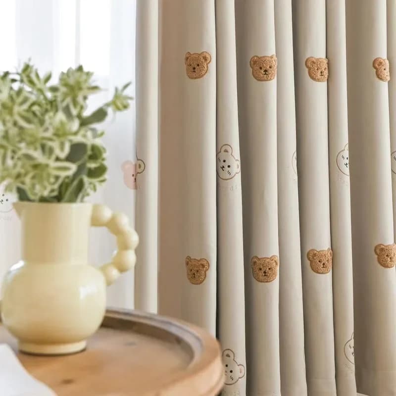 Curtains for children with embroidered plush bears, Japanese style, in thick lashes, with cartoons, for children's and girls' rooms, customizable.