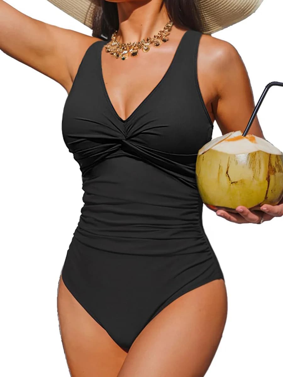 Costume da bagno intero da donna con scollo a V e nodo frontale, monokini slim senza schienale, taglie S-XXL
