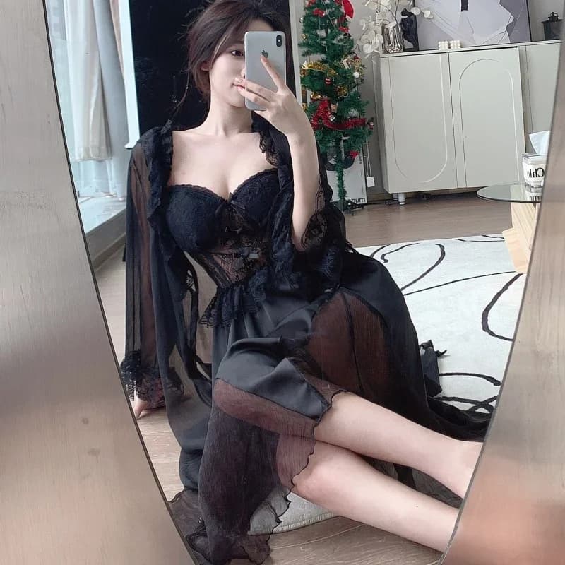 Long Summer Wedding Dress Twinset Set Night Shirt Patchwork Lace Straps Night Shirt Bathrobe Silk Satin Dress Lace Clothing