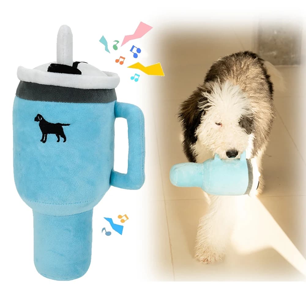 Giocattolo per cani in peluche con tazza per cucciolo cigolante alta 31 cm con manico e cannuccia Giocattolo per animali domestici a forma di tazza morbido ed elegante per cani di piccola e media taglia
