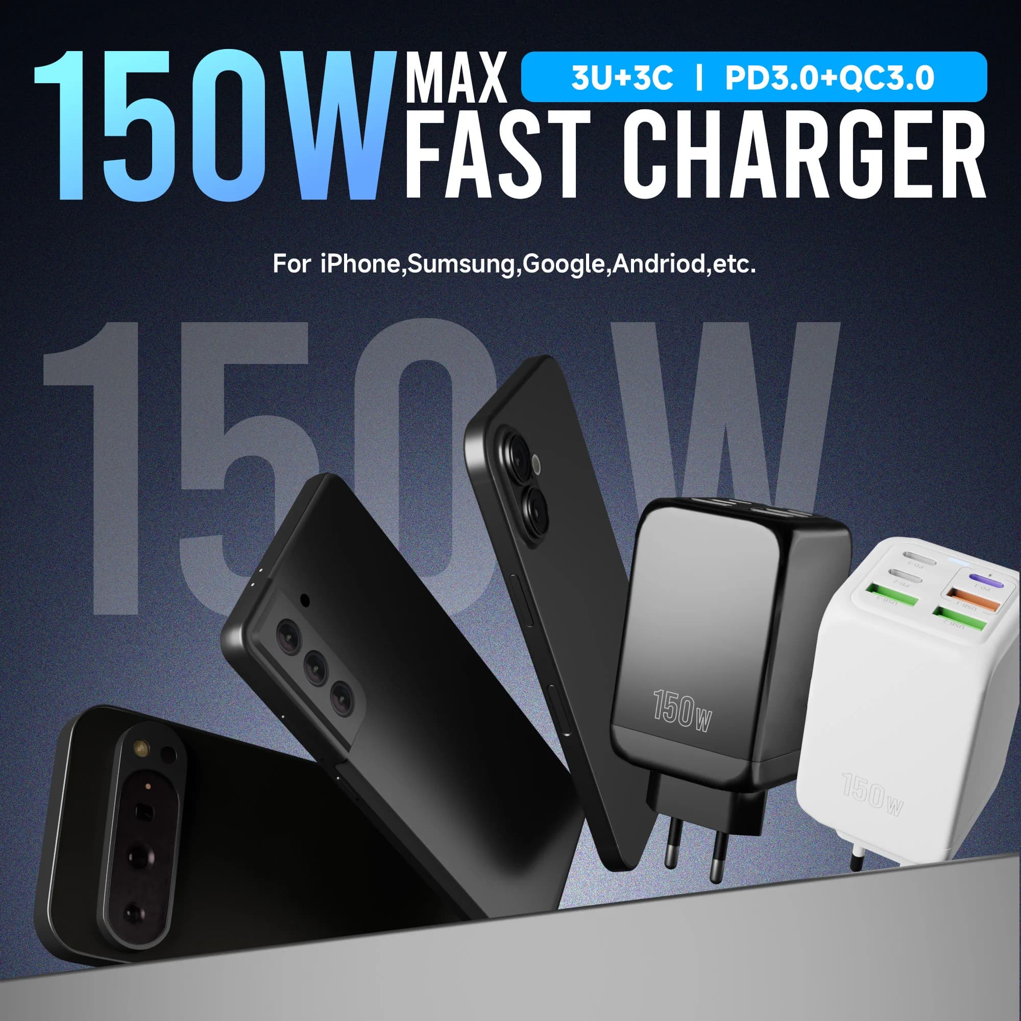 Caricatore Super Veloce da 150W, Stazione di Ricarica Rapida GaN PD 3.1 a 6 Porte (3 USB-C + 3 USB-A), Compatibile con Laptop, Telefoni, Tablet