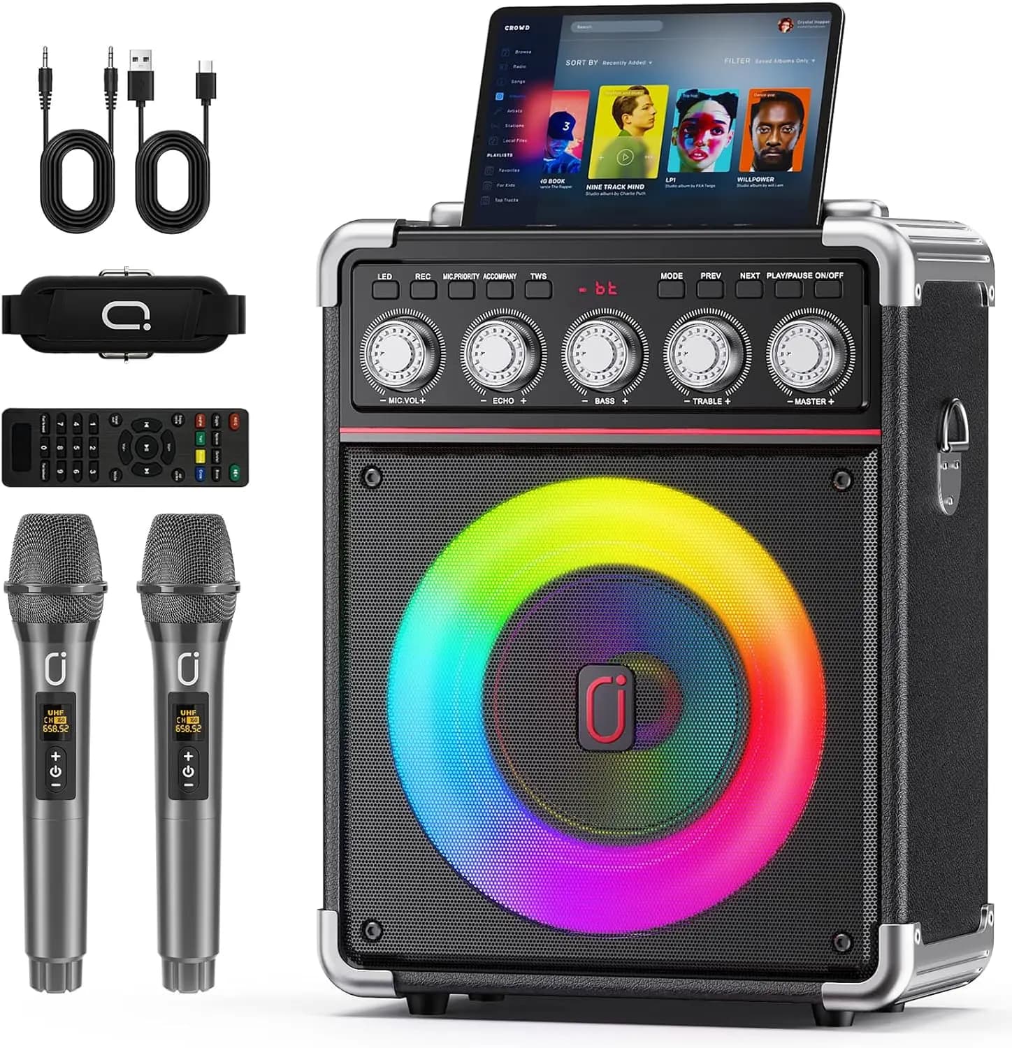 Macchina per Karaoke Portatile con 2 Microfoni Wireless, Altoparlante Bluetooth, Controllo Bassi/Alti/Echo, Supporta TV/USB/AUX