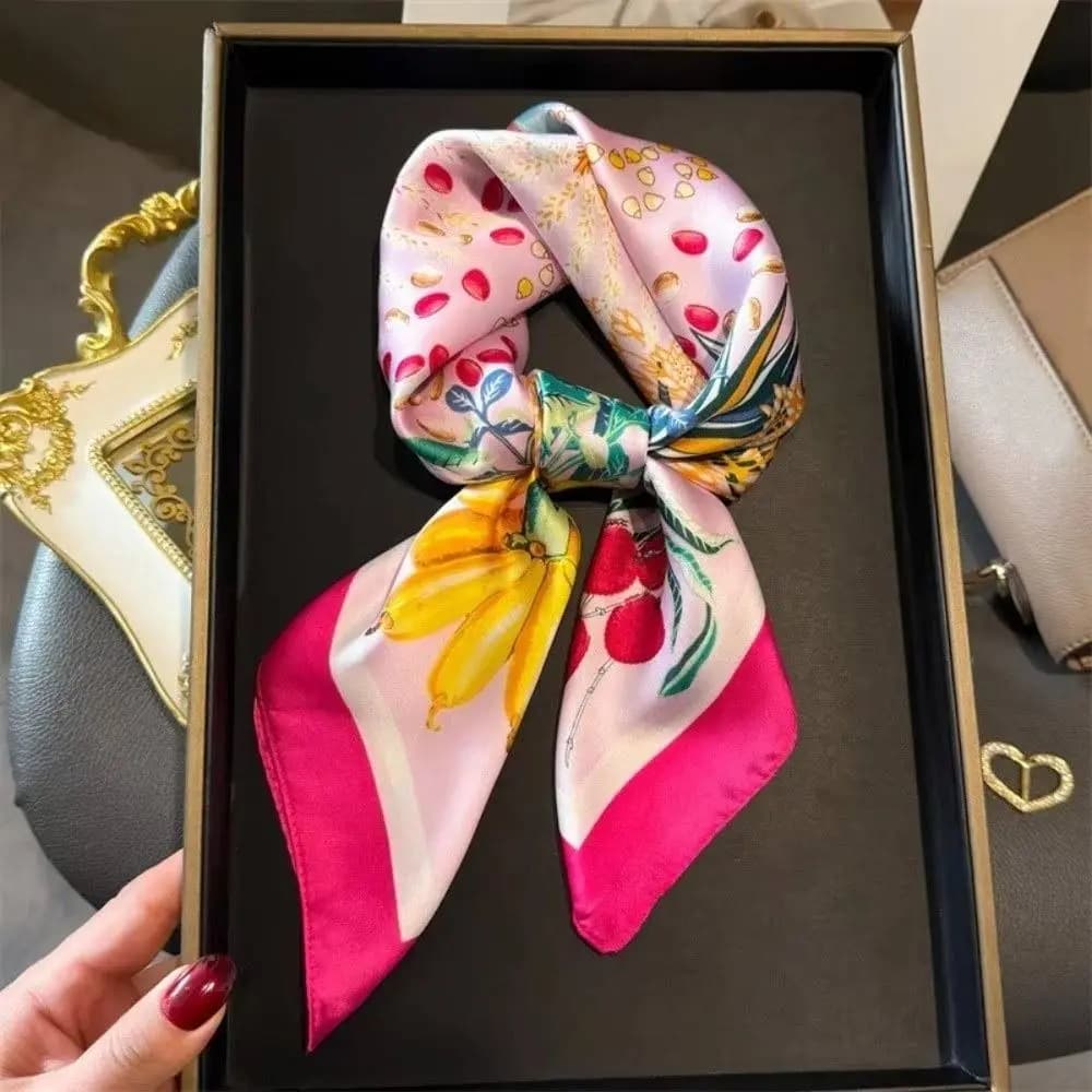 Fruit Print Color Block Satin Small Scarf Women Neck Scarf Hair Accessories
