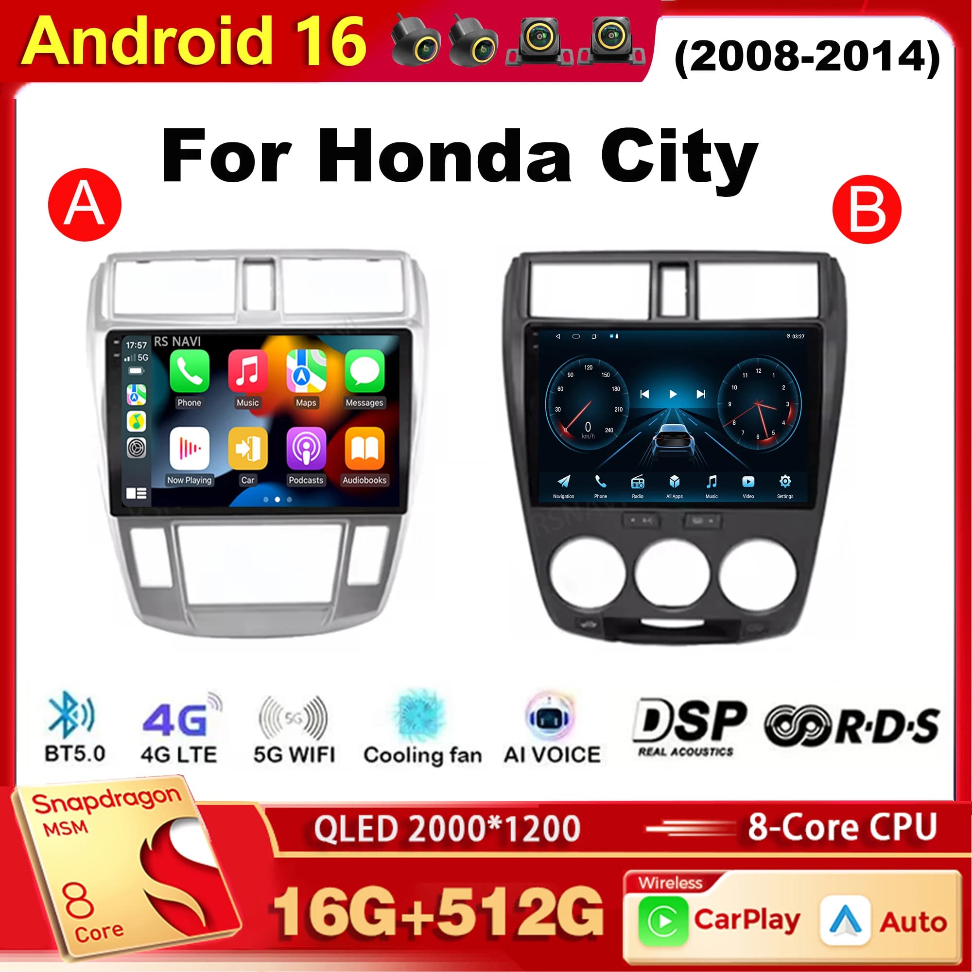 Android 15 Qualcomm Autoradio Lettore Multimediale Per Honda City 2008-2014 Auto Carplay Car Stereo DSP wifi + 4G Ai voce 2 Din Gps