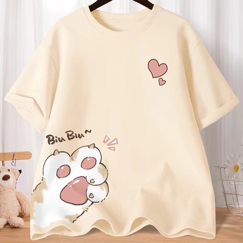 2026 NEW Summer Cartoon Cute Sweet Cat Claw Love Printed Short Sleeve T-shirt Loose Shirt Top