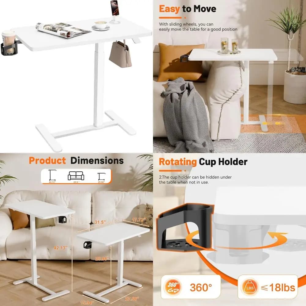 Comodino sopra il letto con ruote, supporto per telefono, portabicchieri e gancio per cuffie, tavolino ad altezza regolabile, ospedale e casa U