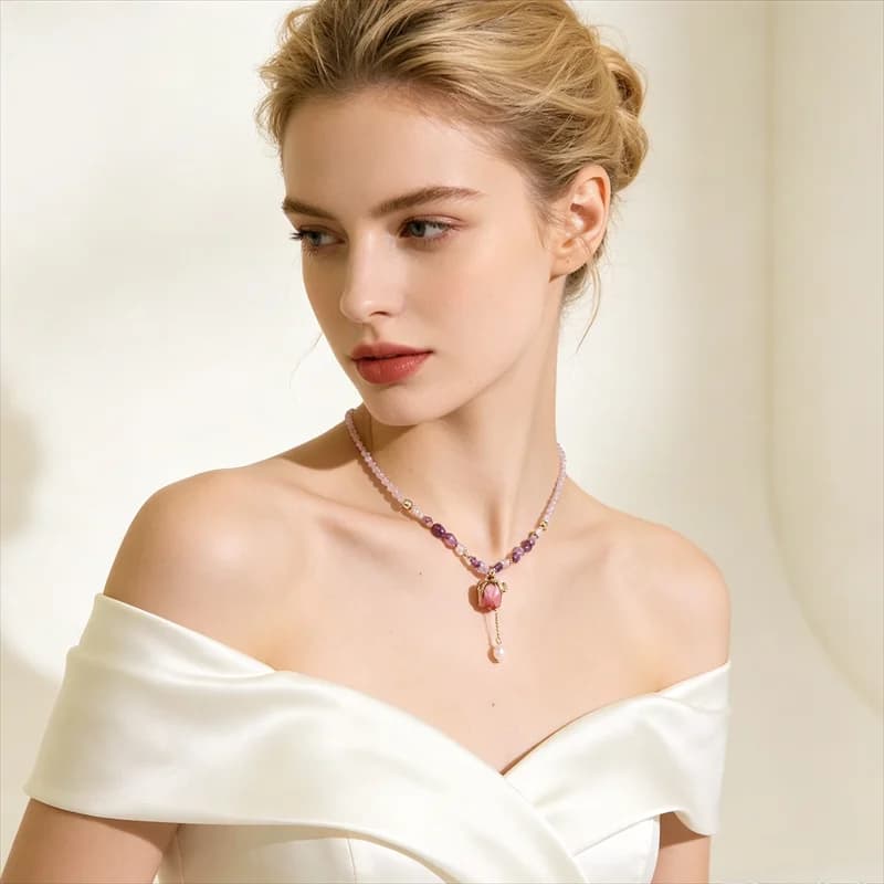 Original Design Freshwater Pearl Bud Shaped Amethyst Glass Bead Clavicle Chain Versatile Necklace Elegant Women Fashion Jewelry