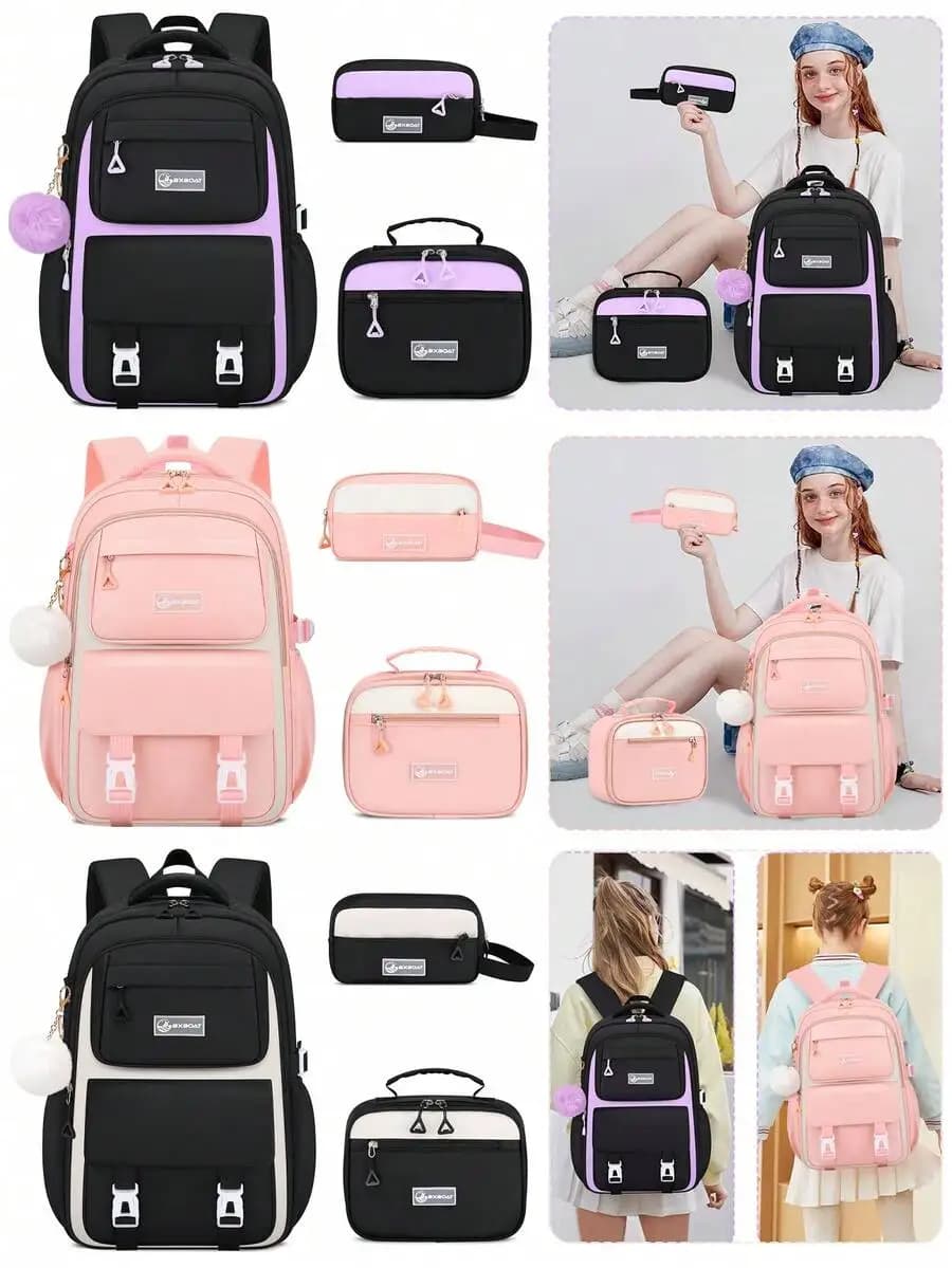 3pcs Set Large Capacity Backpack With Lunch Box Pocket And Pencil Case For School Laptop Up To 15.6 Inch Travel Daily Use