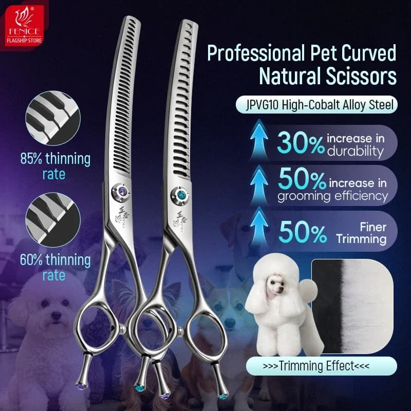 Fenice King Series 7 Inch VG10 Dog Grooming Equipment Scissors Up Bend Curved Chunker Natural Fluffy Shears Pet Beauty Groomer
