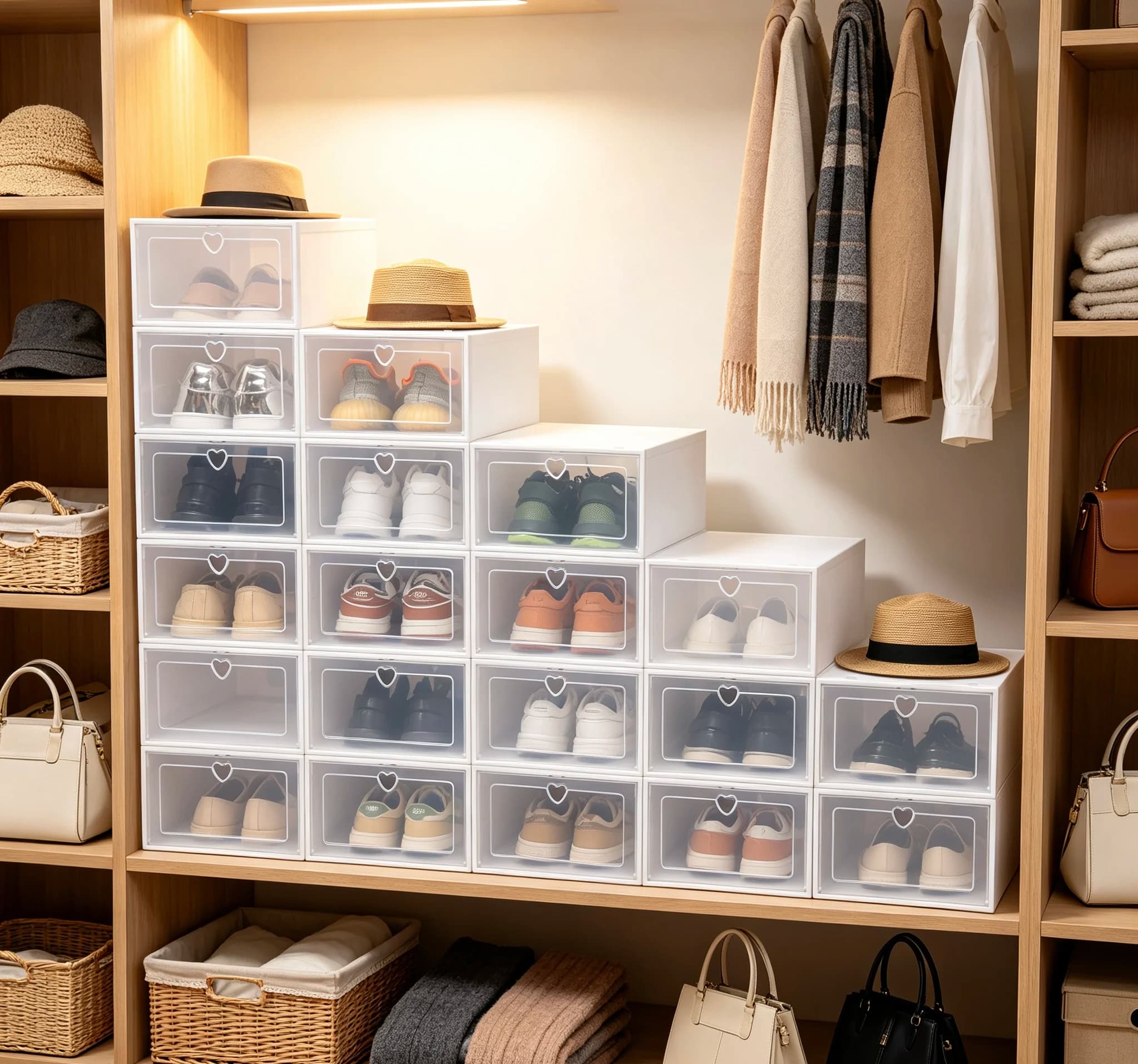 Stackable Shoe Boxes, Shoe Storage Containers, 20-piece set, white/clear rectangular PP, 0.43in thick frame, 4kg net weight, stackable for neat storage, easy to find right shoes, ideal for family in apartment/dormitory/home
