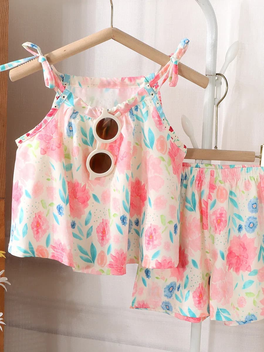 Cute Floral Halter Dress And Shorts Set for Girls Summer 2026 Trendy Two-Piece Outfit Elastic Comfortable Casual Sportswear