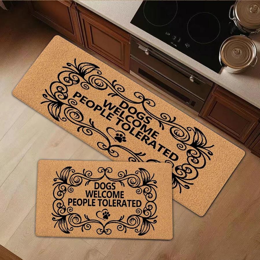 1/2/3Pcs Flannel Kitchen Mat—Funny Door Mat Dogs Welcome People Tolerated Entryway Rug Non-Slip Flannel Mat Indoor/Outdoor Welcome Rug for Pet Lovers Front Porch Durable Entrance Mat Washable Doorway Carpet for Hallway Kitchen Patio Entry—