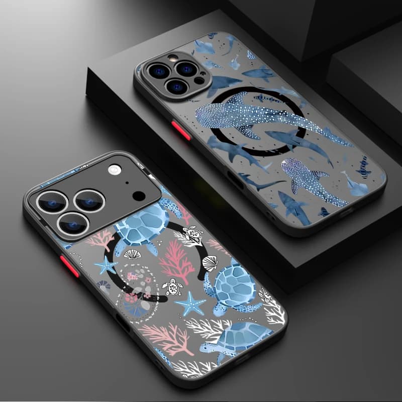 Custodia Magnetica per iPhone con Motivo Balena e Tartaruga, Compatibile con MagSafe, Cover Posteriore in Acrilico Opaco per iPhone 17 Pro, 16e, 16, 15, 14, 13 Pro Max, 16 Plus