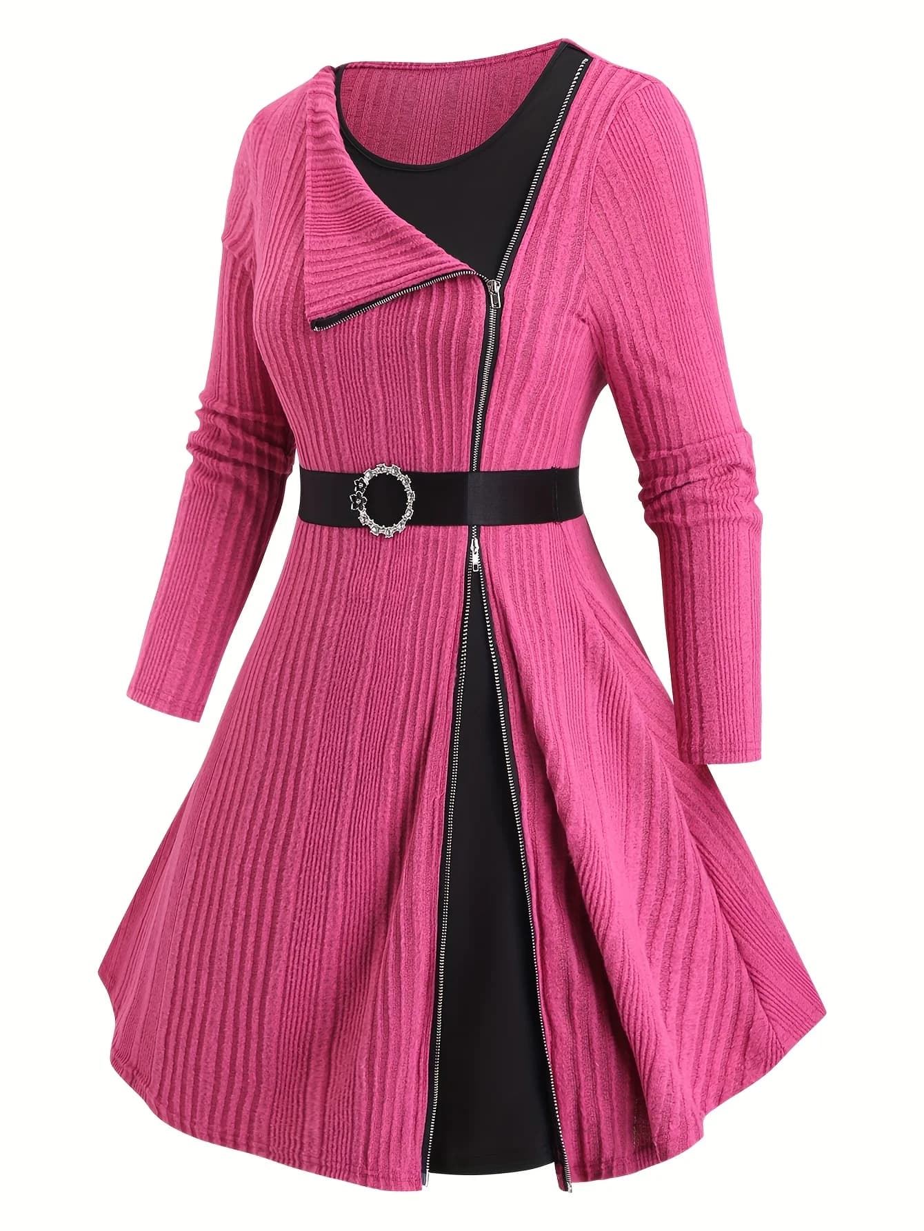 2025 Spring and Autumn New knitted dress with O-ring belt with ribbed zipper with large women's turn