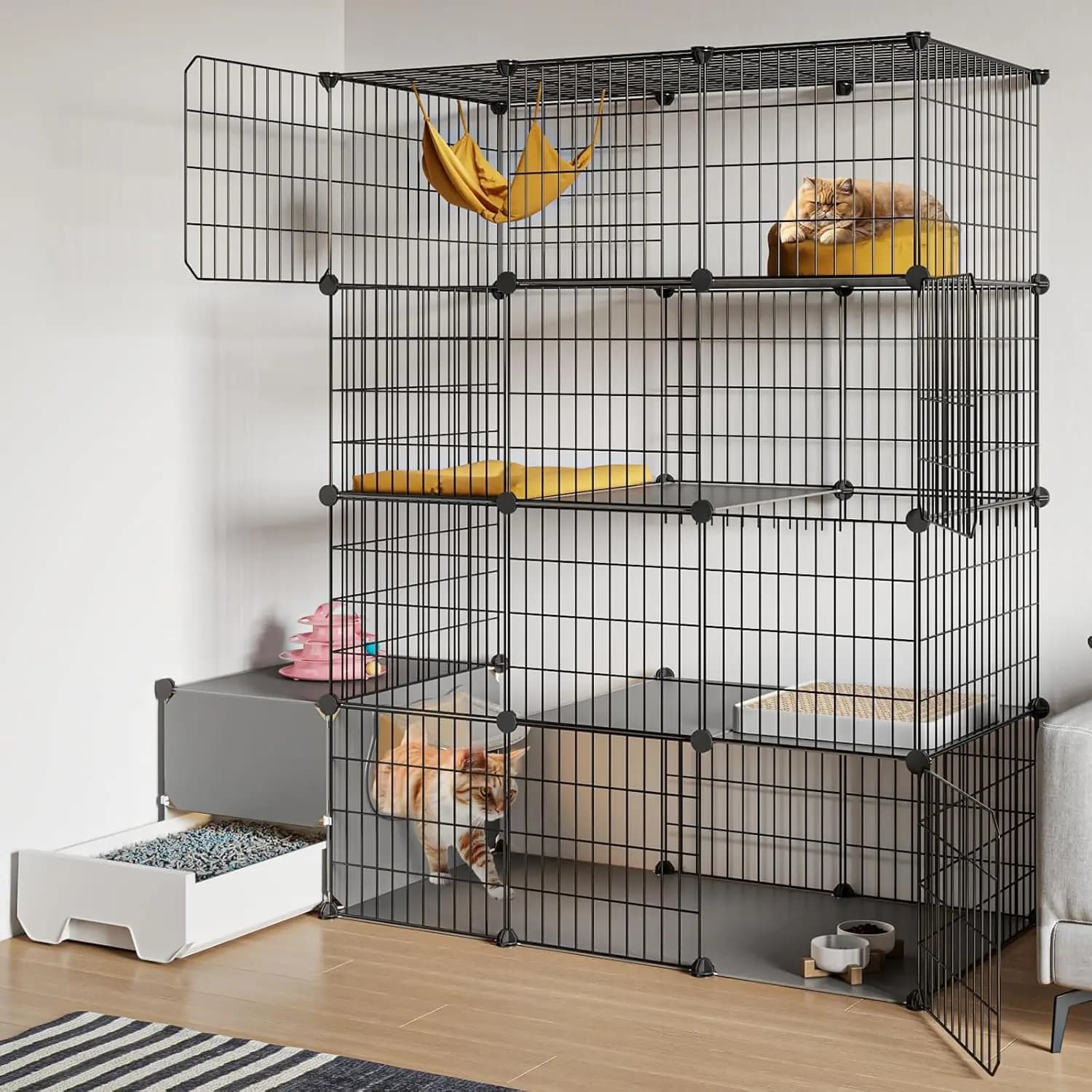Gabbia per gatti fai-da-te a 4 livelli con lettiera, ampio recinto staccabile per gatti da interno, facile da montare (105 cm L x 45 cm L x 140 cm H)
