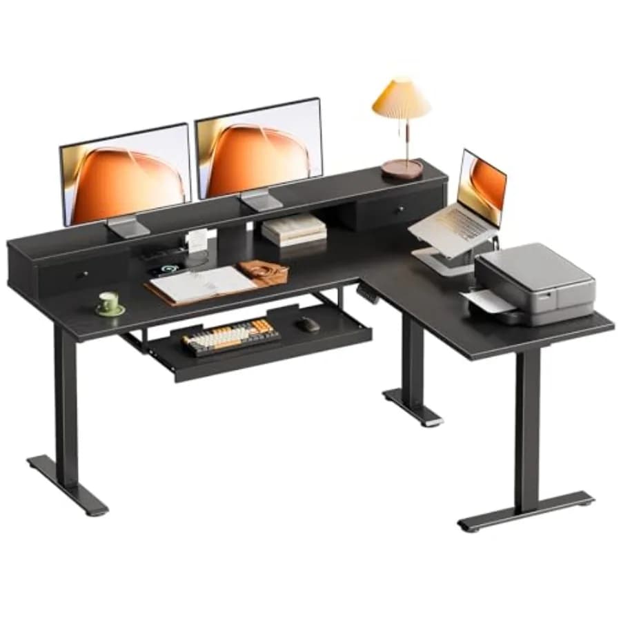 59-inch L-Electric Desk with Drawers, Height Adjustable Corner Desk with Keyboard Tray and Monitor Support