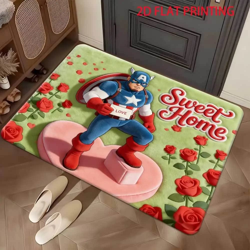 1 tappetino per porta in poliestere con stampa piatta Marvel 2D Captain America, adatto per ingressi di casa, porte di camere da letto e bagni, facile da pulire.