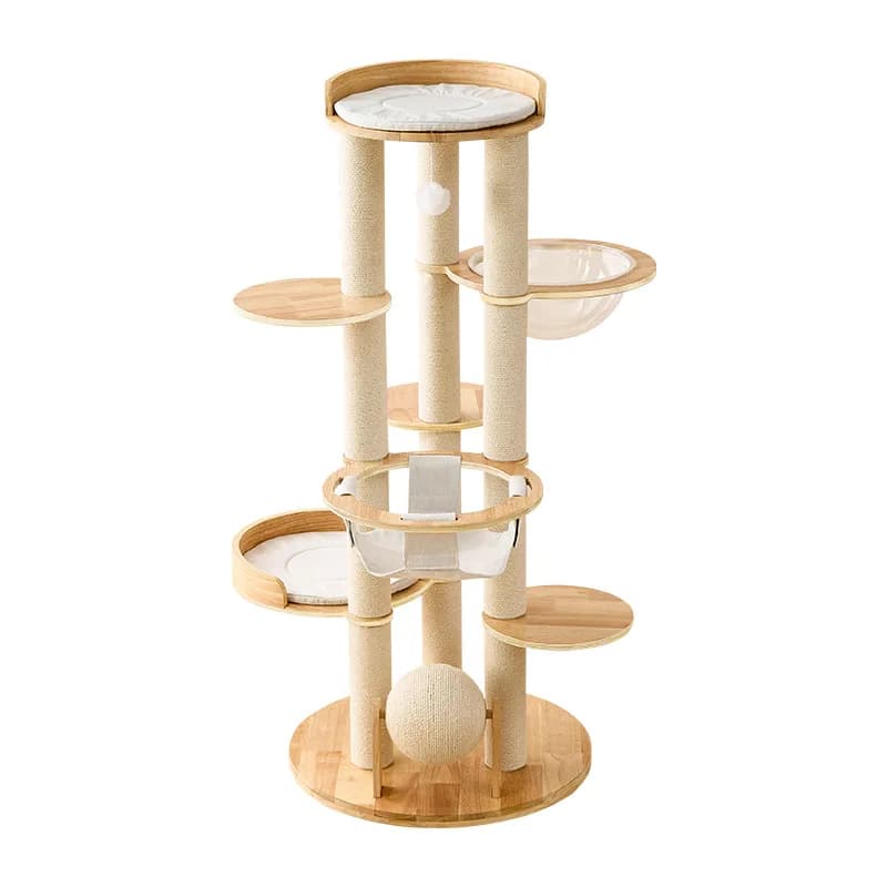 Moderno Tiragraffi per Gatti in Legno Massello con Cuccia Integrata, Giocattolo Antigraffio con Palla, Speciale per Alberi e Tiragraffi per Gatti