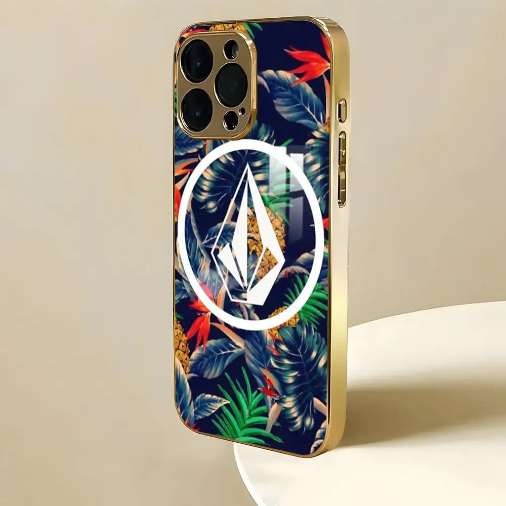 Luxury phone case V-VOLCOMES sports style for iPhone 17 16 15 14 13 12 Pro Max, with galvanized metal bumper