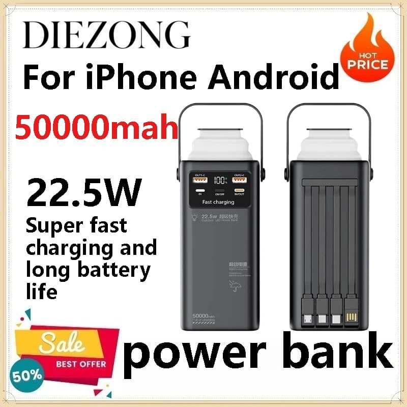 Power Bank da 50000mAh con Cavo Integrato, Lampada Pieghevole, Luce da Campeggio per Esterni, Caricabatterie Portatile per iPhone e Android